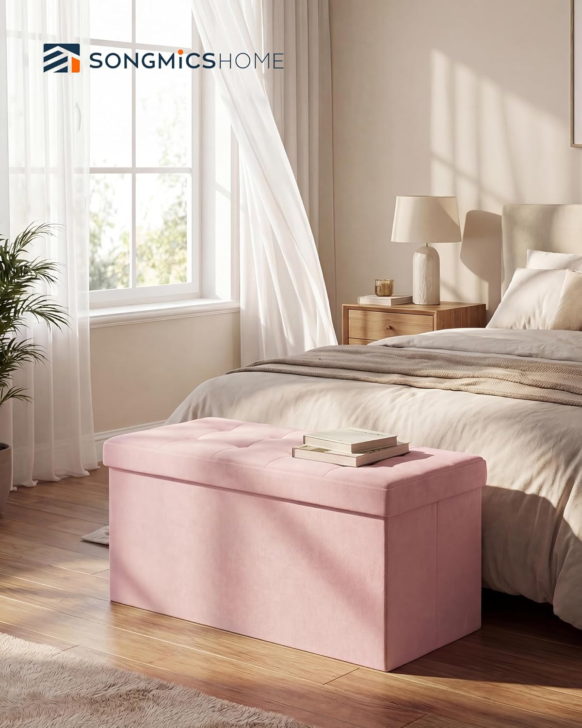 SONGMICS HOME Ottoman with Storage, Removable Lid, Folding Storage Chest, Easy Assembly, for Entryway, Bedroom, Living Room, 15.2 x 30.2 x 15.2 Inches, Velvet, Pink