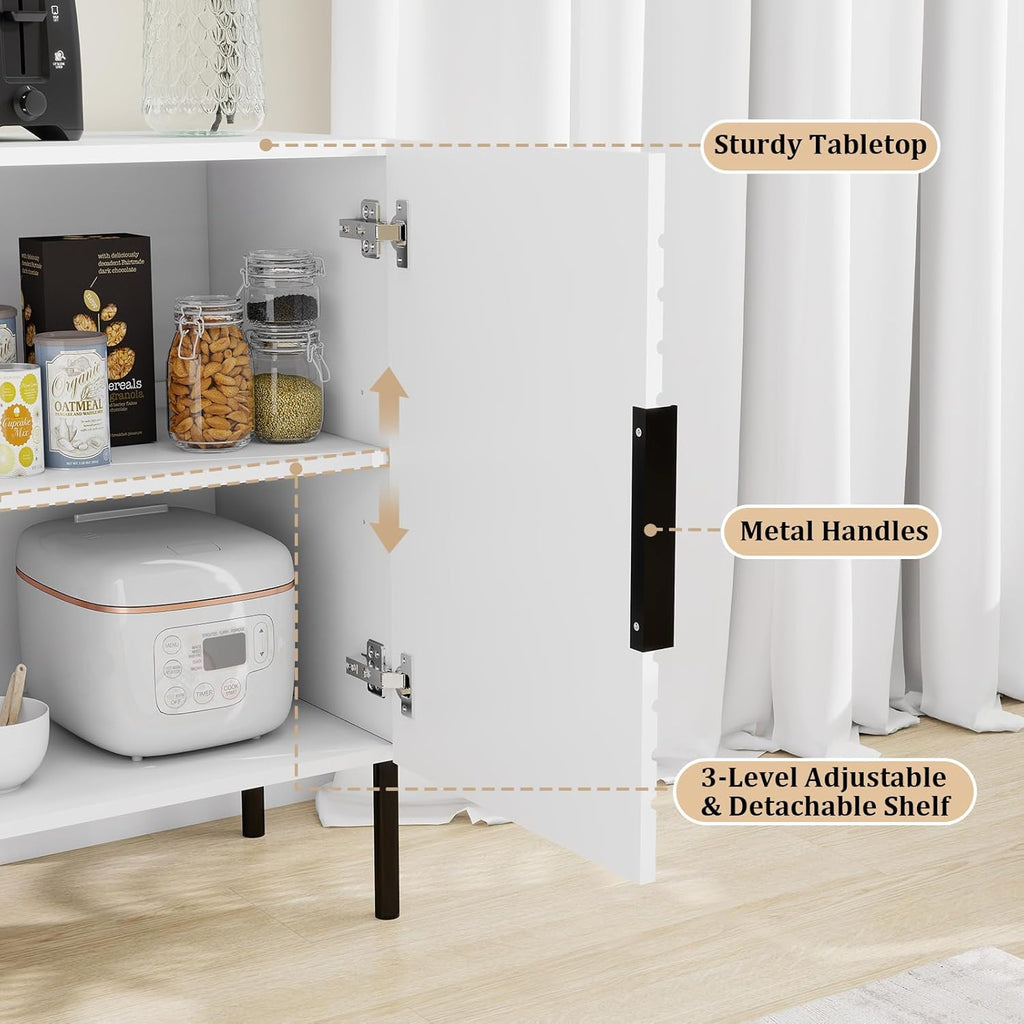 White Buffet Cabinet with Storage: 63" Fluted Sideboard Cabinet with 4 Doors, Wood Credenzas for Living Room, Mid Century Modern Sideboard Cabinets (White)