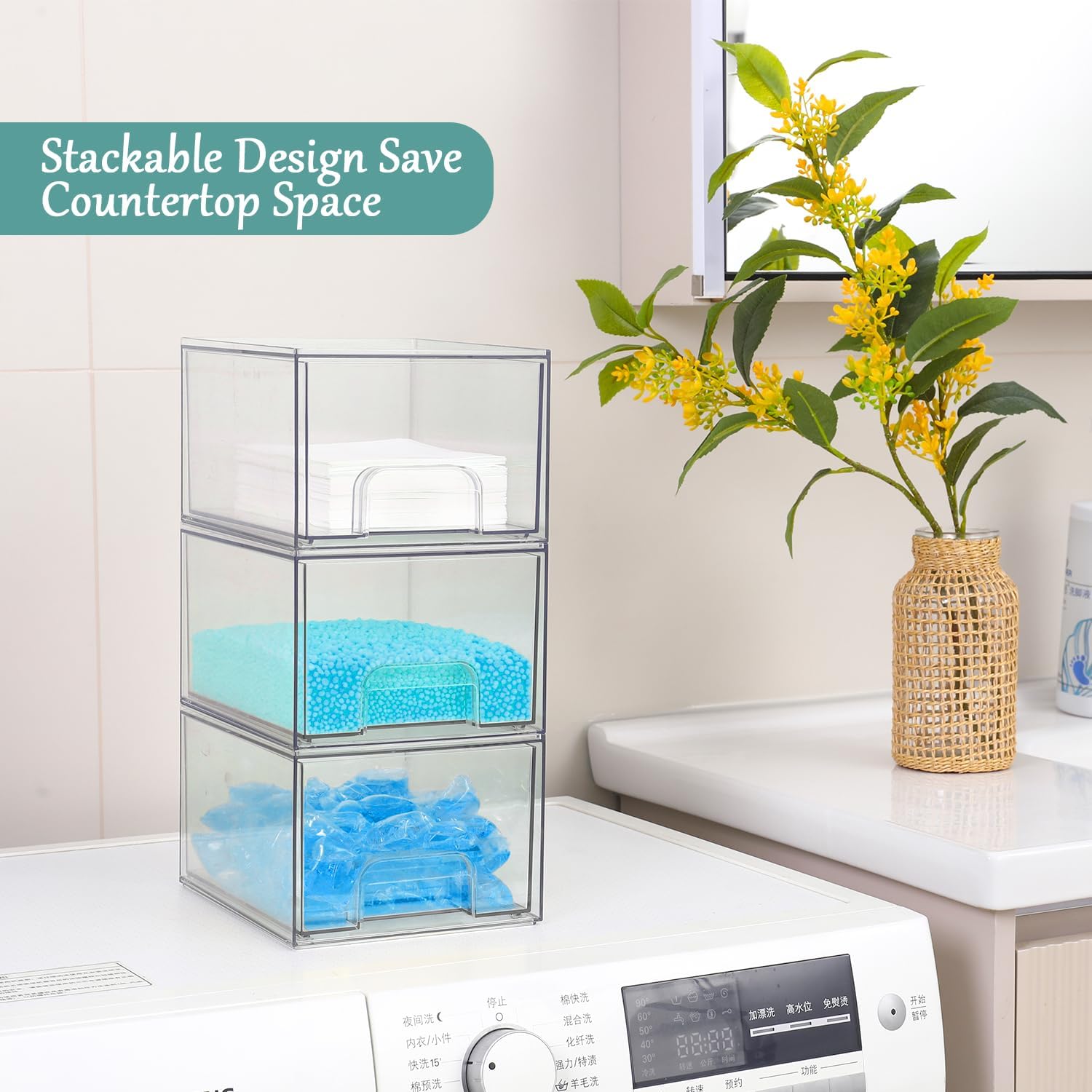 Laundry Pods Container and Laundry Detergent Powder Container Set, Dishwasher Pods Holder Set, Dryer Sheet Holder, Laundry Room Organization and Storage for Booster Beads, 3 PACK