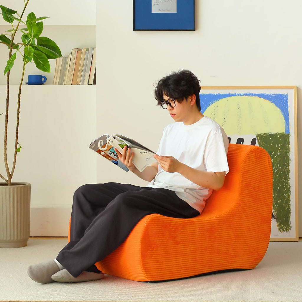 N&V Single Seated Foam Sofa, Armless Floor Sofa, One Piece High Density Foam, Removable and Machine Washable Cover, Orange