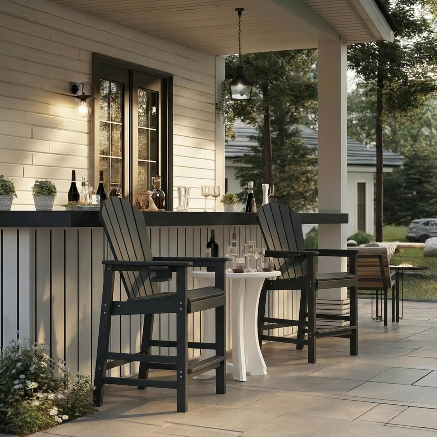 Tall Adirondack Bar Chair with Cup Holder, HDPE Outdoor Bar Height Chair with Armrests, All-Weather Poly Patio High Chair with Footrest for Balcony, Deck, Poolside, Backyard & Porch, Black