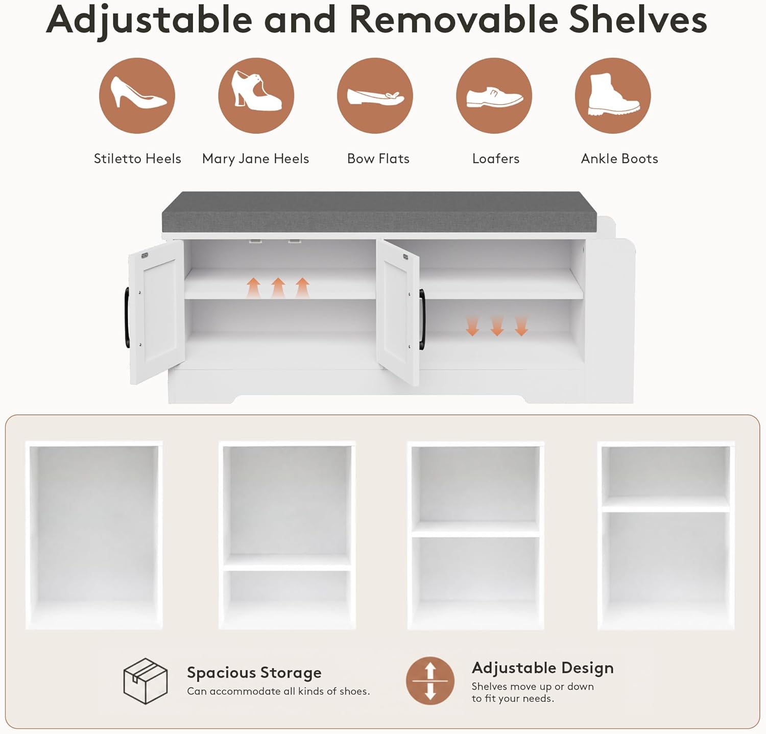 GRUSIGN Shoe Storage Bench, 2-Tier with Adjustable Shelves, Removable Cushion, 39.6'' Wide Shoe Rack Bench for Entryway Bedroom Living Room, White
