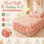 3-Piece Ruffled Bed Skirt Set with Floral Print, Elegant Soft Microfiber Bedding Sheet Double Layer Ruffles Set with 1 Bed Skirt 2 Pillowcases Bedroom Decor for Various Bed Types (Pink,60 * 80in)