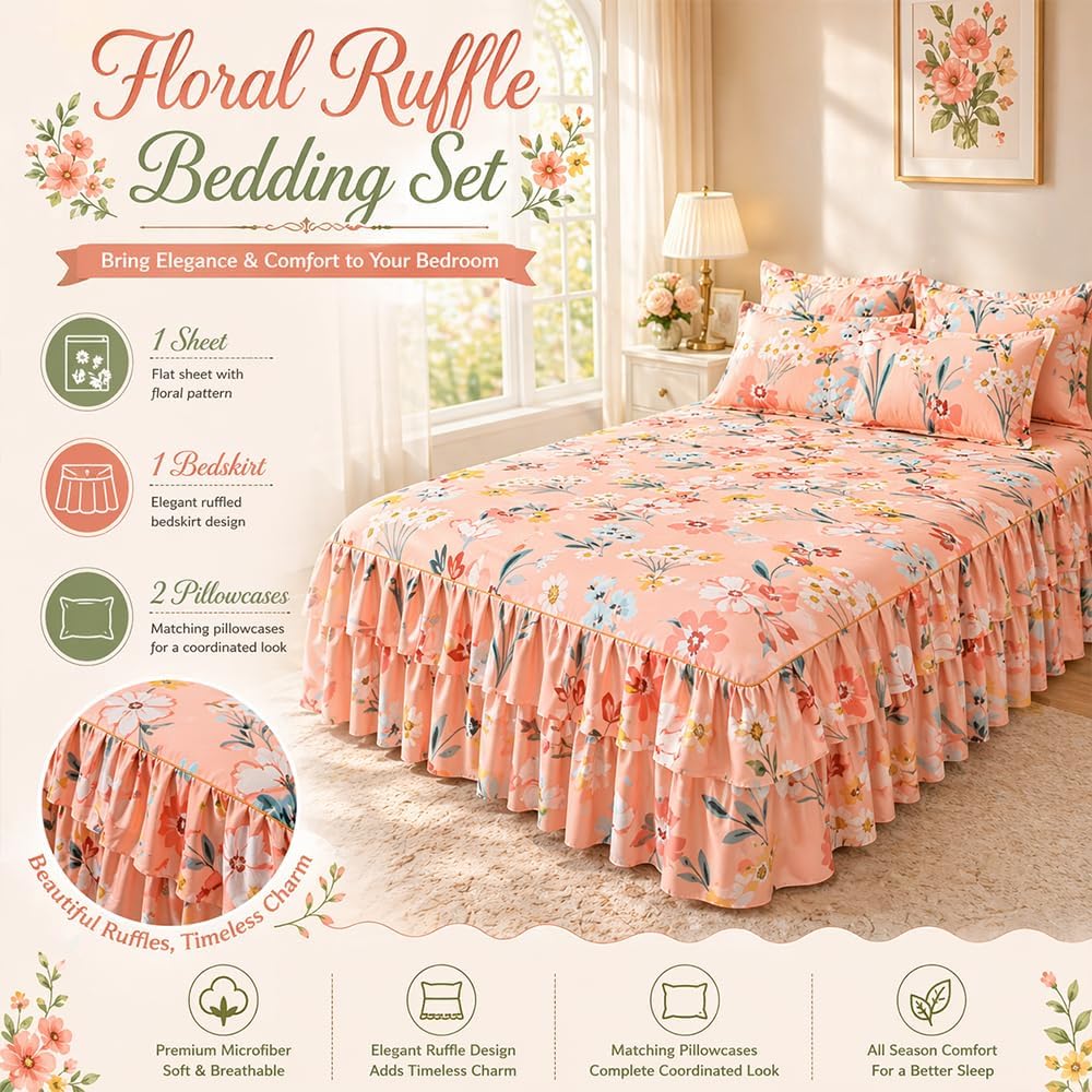 3-Piece Ruffled Bed Skirt Set with Floral Print, Elegant Soft Microfiber Bedding Sheet Double Layer Ruffles Set with 1 Bed Skirt 2 Pillowcases Bedroom Decor for Various Bed Types (Pink,60 * 80in)