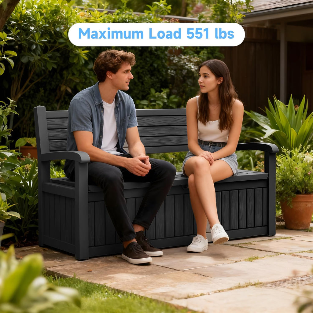 Pepe Tee 80 Gallon Outdoor Storage Bench, Resin Deck Box with Backrest and Armrests, All-Weather Patio Seating for Garden, Black