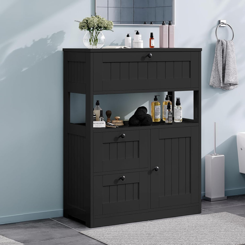 GRUSIGN Storage Cabinet, Modern Bathroom Floor Storage Cabinet Organizer with 1 Door and 3 Drawers, Freestanding Cupboard for Kitchen/Living Room Use