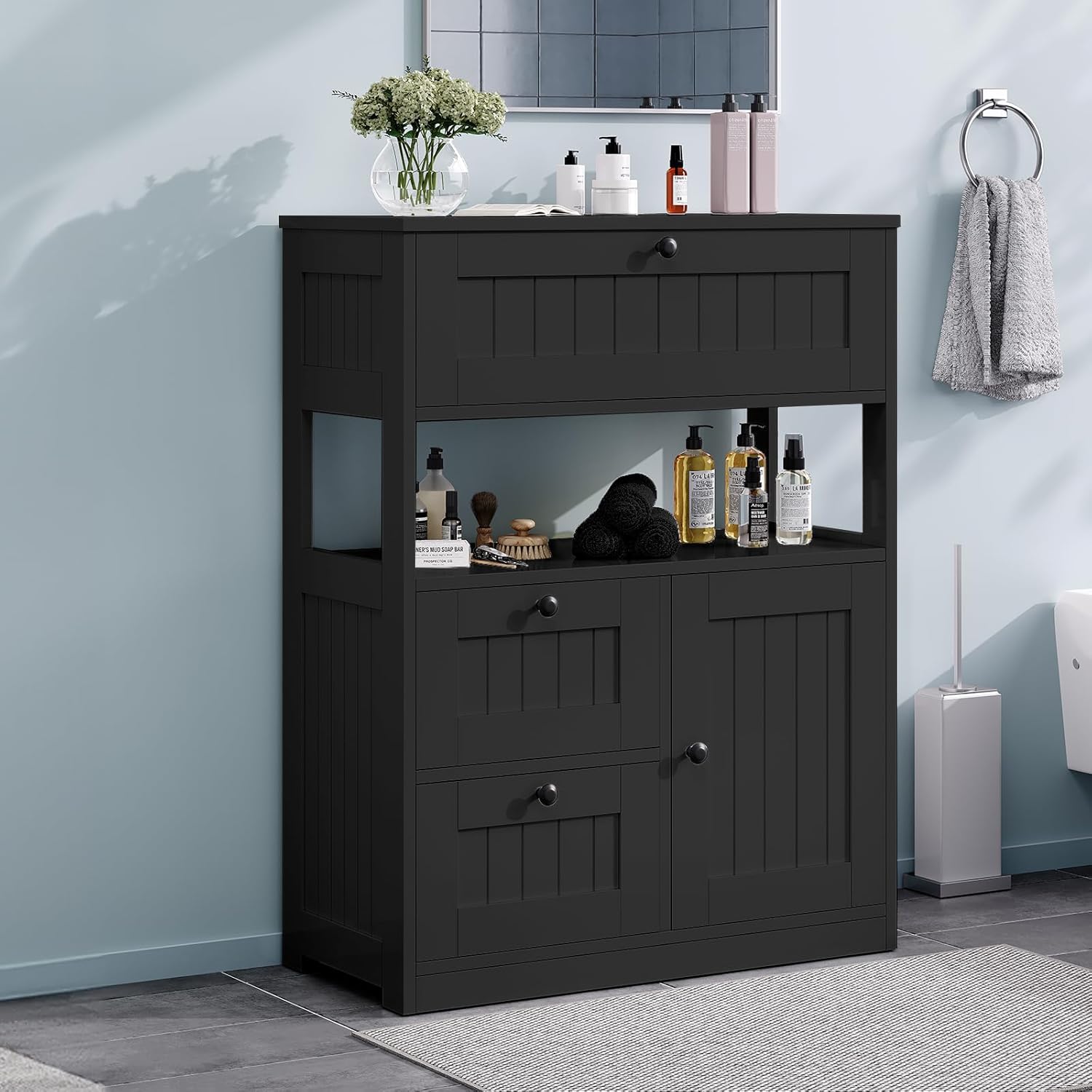 GRUSIGN Storage Cabinet, Modern Bathroom Floor Storage Cabinet Organizer with 1 Door and 3 Drawers, Freestanding Cupboard for Kitchen/Living Room Use