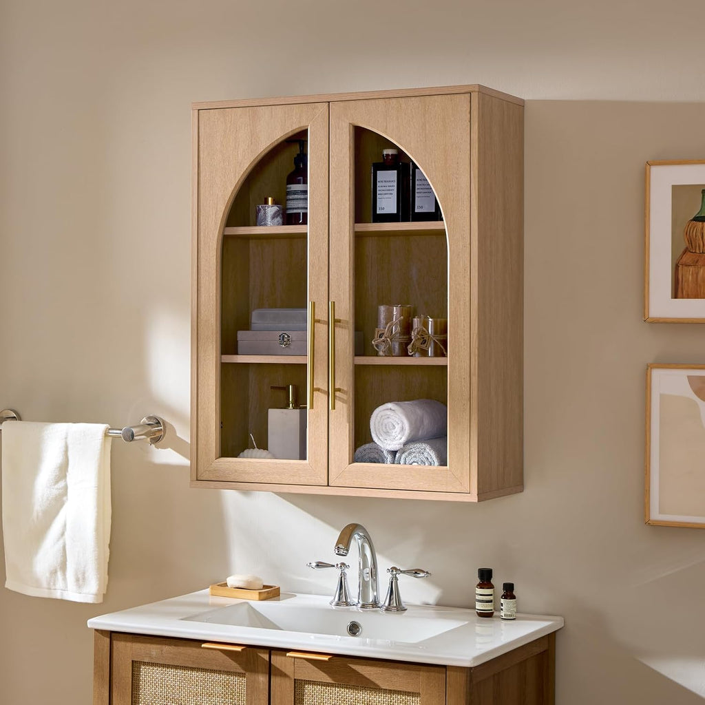 Bathroom Wall Cabinet, 23.5×31.4'' Storage Cabinet, Arched Cabinet Wall Mount with Adjustable Shelf & Glass Doors, Medicine Cabinet for Laundry Room, Bathroom, Kitchen, Living Room,Natural Oak