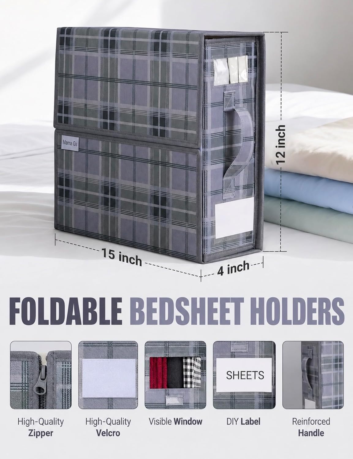 4 Pack Bed Sheet Organizer and Storage with Zipper – Linen Closet Organizers for Full, King, Queen & Twin Sheet Sets, Bedding Storage for Blankets and Duvet Covers, Grey