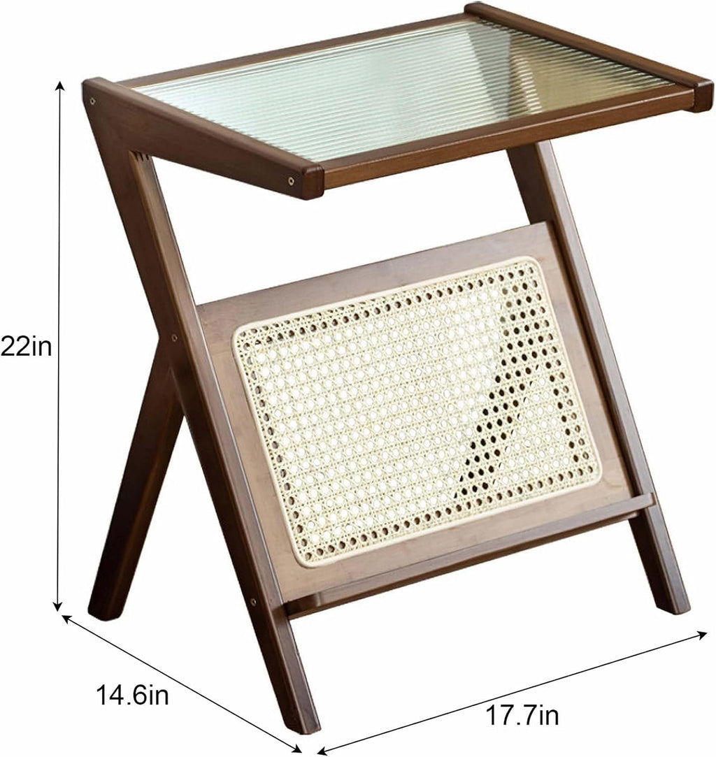 Majnesvon Rattan Side Table, Bamboo Night Stand, Z-Shaped Bamboo End Table, Tempered Glass Top, Boho End Tables for Living Room Bedroom Apartment with Magazine Rack