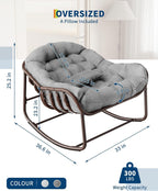 Oversized Papasan Rocking Lounge Chair with Neck Pillow, Hand Woven Rattan Rocker, Heavy Duty Metal Frame Supports 400LBS, Indoor Outdoor Porch Patio Living Room Chair,Gray