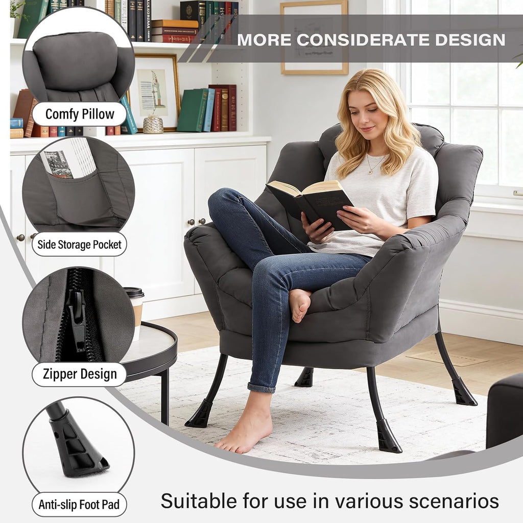 MBOOYOME Lazy Chair, Modern Accent Chair with Armrests, Side Pocket & Metal Frame, Comfy Leisure Chair for Living Room, Bedroom, Dorm & Office, Dark Grey