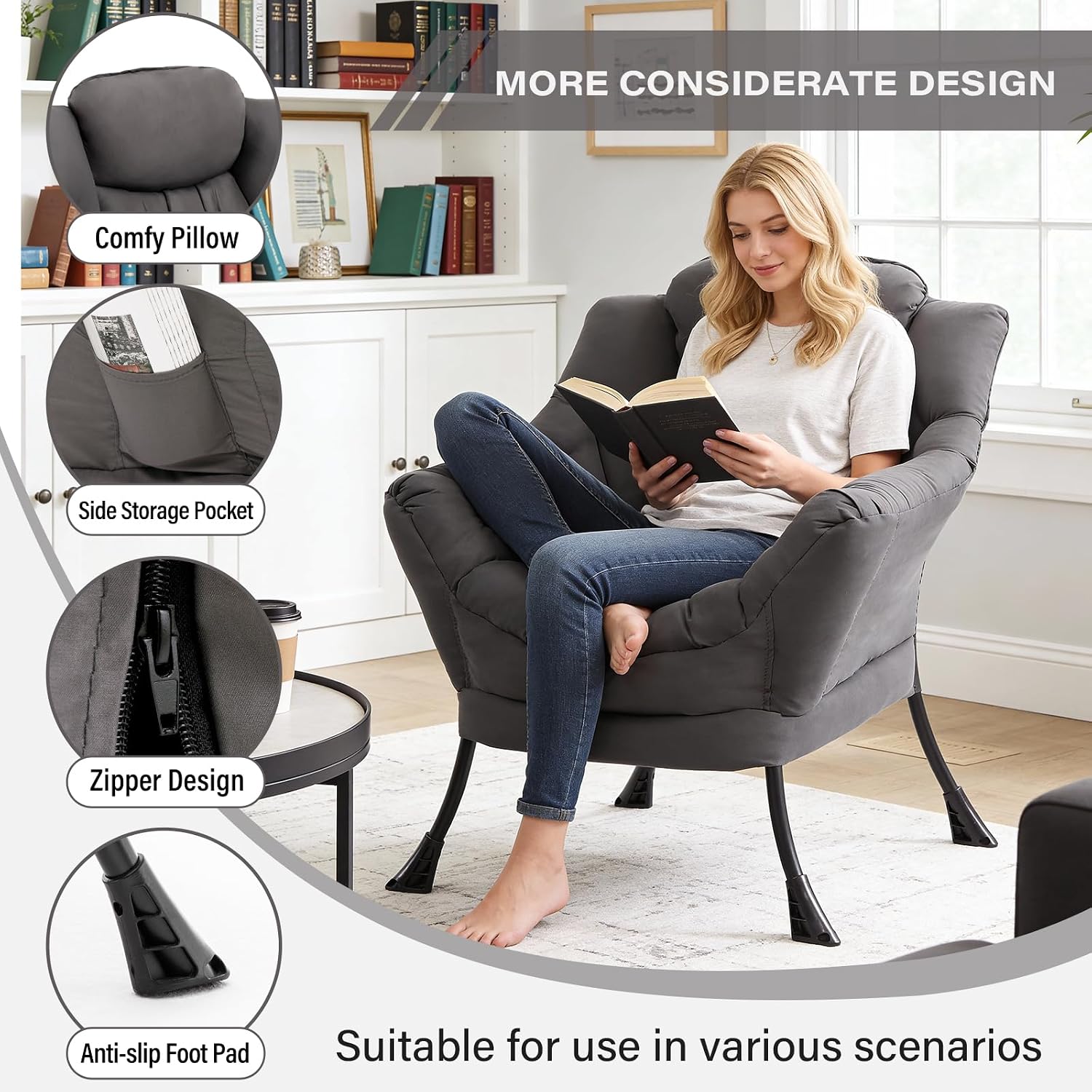 MBOOYOME Lazy Chair, Modern Accent Chair with Armrests, Side Pocket & Metal Frame, Comfy Leisure Chair for Living Room, Bedroom, Dorm & Office, Dark Grey
