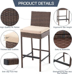ECOTOUGE Rattan Bar Stools Set of 2, Patio Wicker Barstools with Cushions, Patio Bar Chairs Armless for Backyard, Poolside, Deck (Brown)