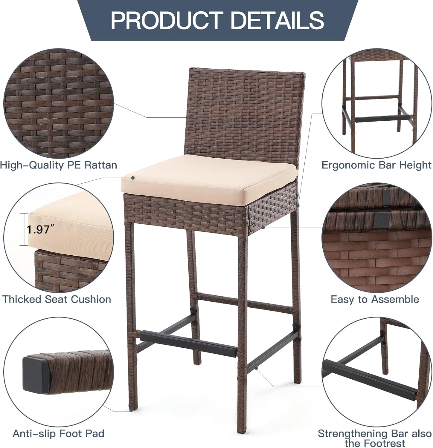 ECOTOUGE Rattan Bar Stools Set of 2, Patio Wicker Barstools with Cushions, Patio Bar Chairs Armless for Backyard, Poolside, Deck (Brown)