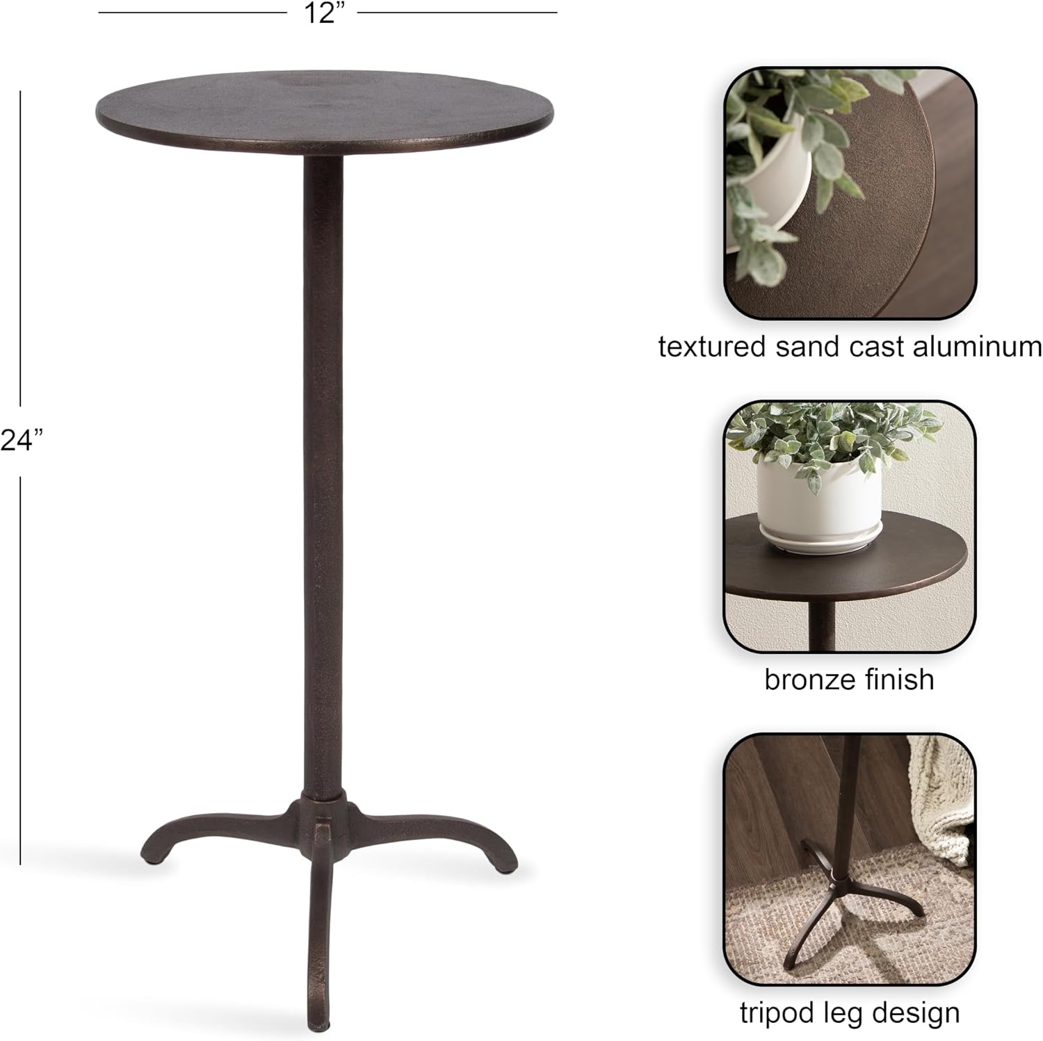 Kate and Laurel Henshall Mid-Century Metal Round Side Table, 12 x 12 x 24, Bronze, Sand Cast Aluminum Sculptural Indoor Plant Stand with Tripod Base for Use as End Table or Bedroom Nightstand