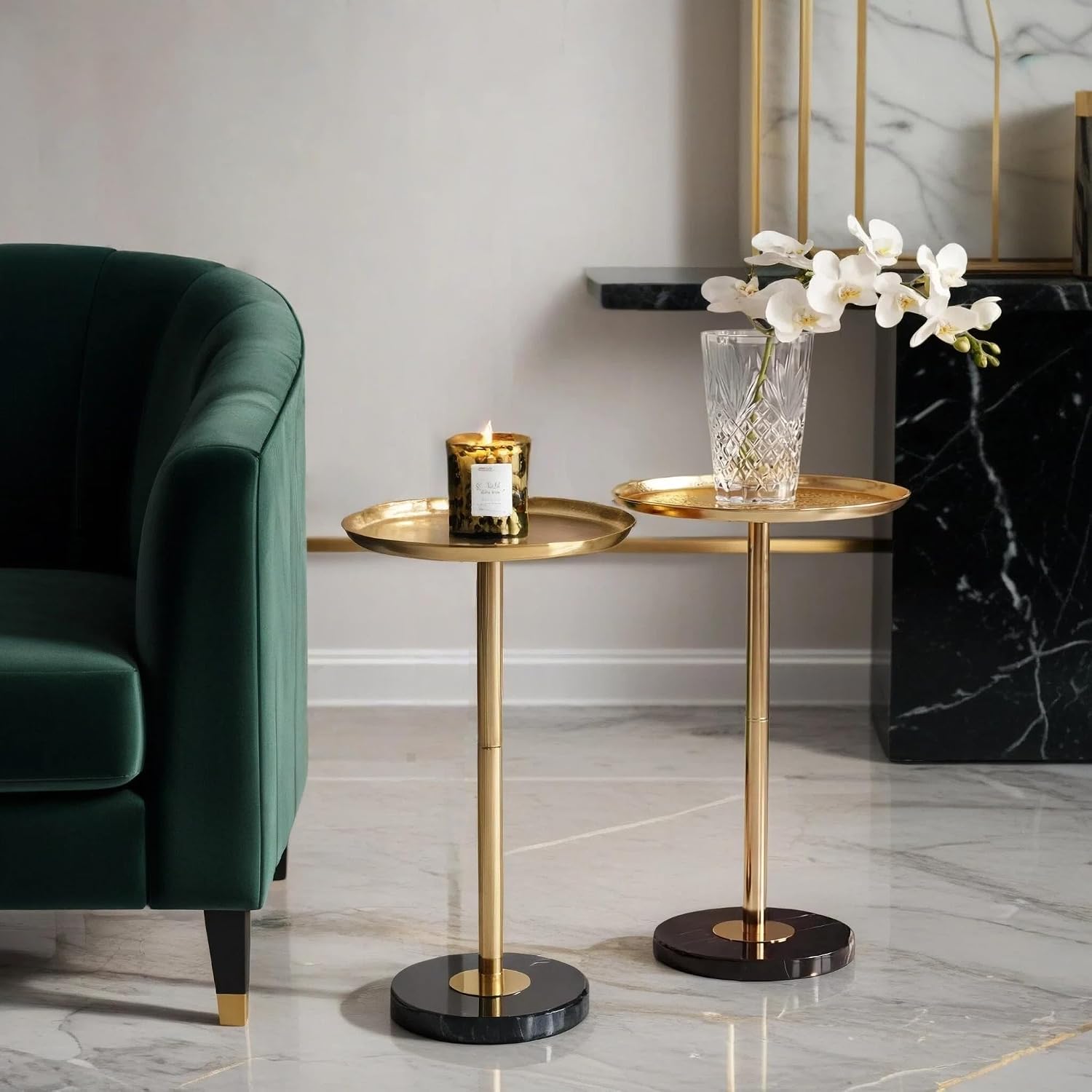 Adjustable Martini Side Table – Small Round Drink Table with Natural Marble Base, Gold Pedestal End Table with Tray Top for Living Room Sofa Bedroom Small Spaces