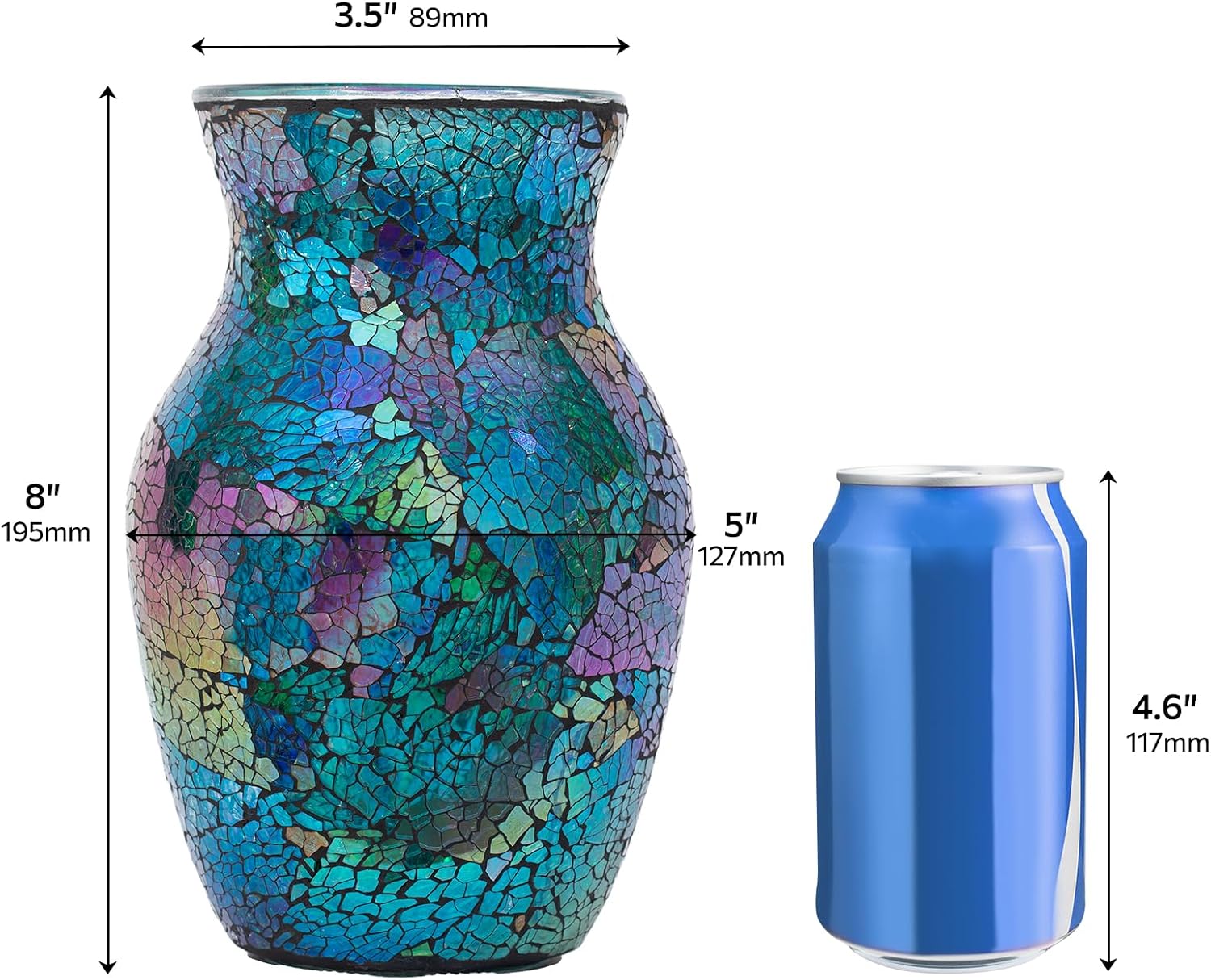 Mosaic Glass Vase, 8" H, Beautiful Mosaic Colorful Blue Vase for Living Room Bedroom Bouquets, Handmade, Home Decor, Colorful Blue