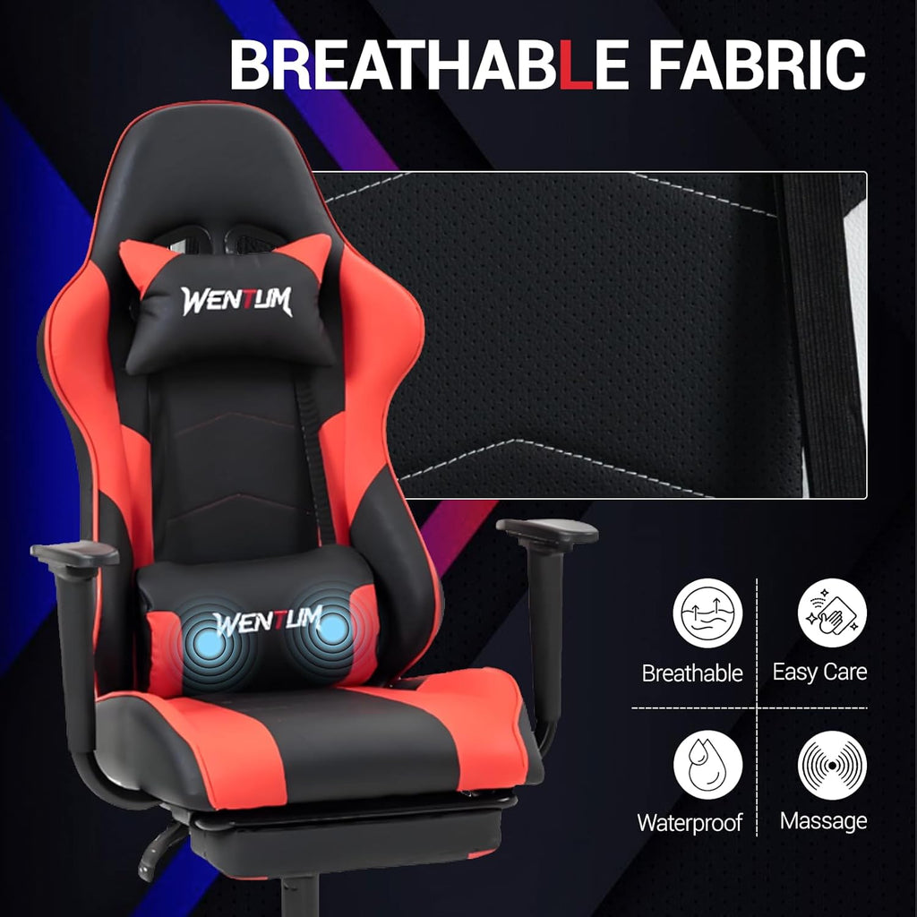 Gaming Chair with Footrest, Ergonomic PC Desk Chair with Headrest and Massage Lumbar Support, Video Game Chair with Height Adjustable High Back for Home Office, PU Leather, Red
