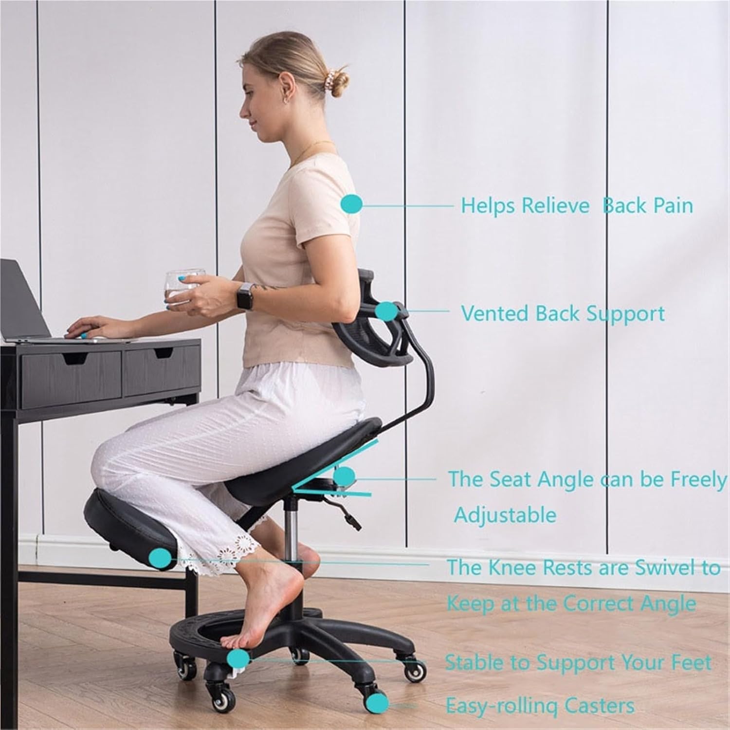 Kneeling Chair, Ergonomic Kneeling Chair, Ergonomic Kneeling Chair with Back Support, Lumbar Support Kneeling Chair with Adjustable Height and Footrest,Office Home Padded Stool