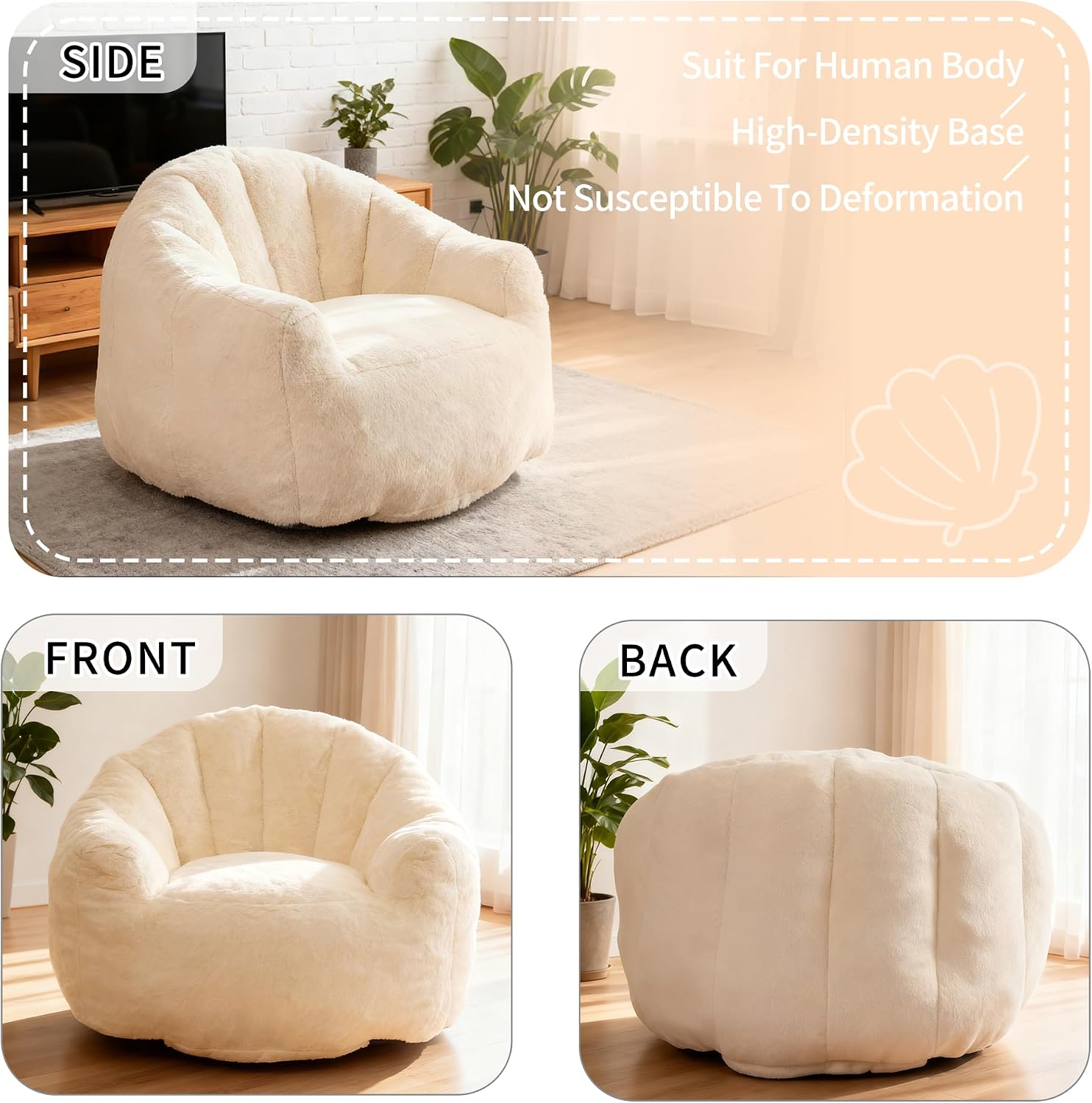 Bean Bag Chair, Giant Beanbag Chiars for Adults and Teens, Faux Fur Shell-Shaped Floor Sofa with Filler, Comfy Chair for Reading, Gaming and Relax (Beige)
