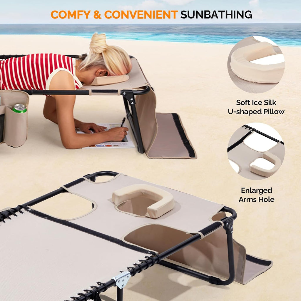 VINGLI Oversized Tanning Chair with Face Hole & Carrying Bag, Beach Lounge Chair Outdoor for Adults, Folding Lounge Chair for Sun Tanning, Laying Out Chairs for Tanning Lounger Outside, 475lbs, Beige