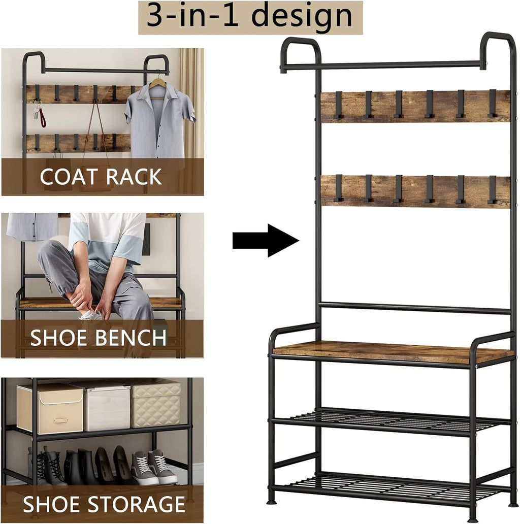 LINZINAR Coat Rack Hall Tree with Bench and Shoe Storage 3 in 1 Entryway | Stand Alone Coat Hanger Shoe Shelf Coat and Shoe Rack Entryway Hall Tree for Entrance Hallway Doorway Front Door