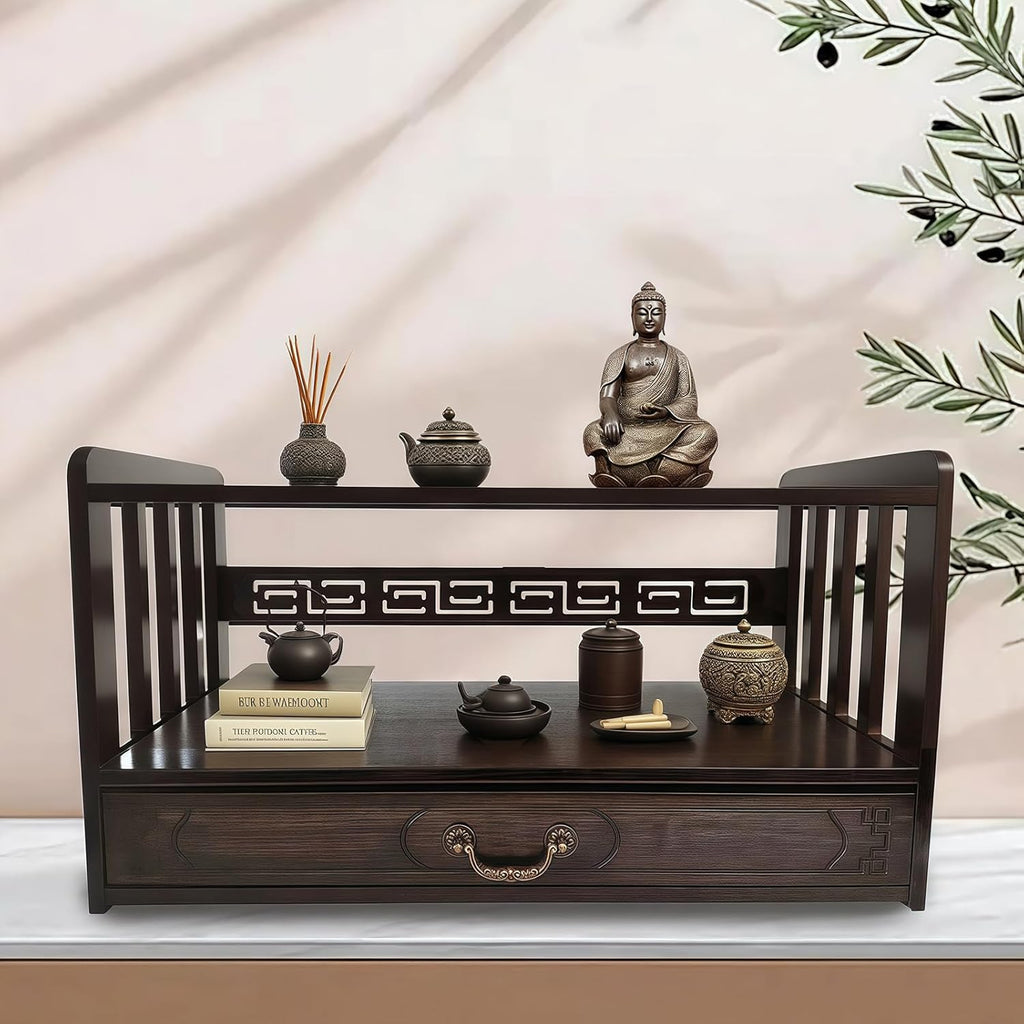 Meditation Table Altar,Small Altar Table,Hand Carved Natural Brown Wood Small Puja Table, Used in The Tea Table Japanese,Study Room,Yoga Room.IT is 20.5 Inches Long,10 Inches Wide, 11 Inches Tall
