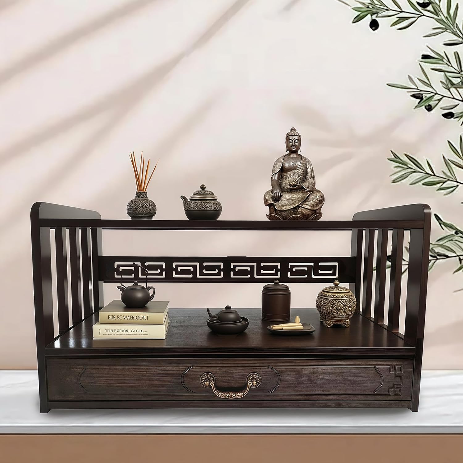 Meditation Table Altar,Small Altar Table,Hand Carved Natural Brown Wood Small Puja Table, Used in The Tea Table Japanese,Study Room,Yoga Room.IT is 20.5 Inches Long,10 Inches Wide, 11 Inches Tall