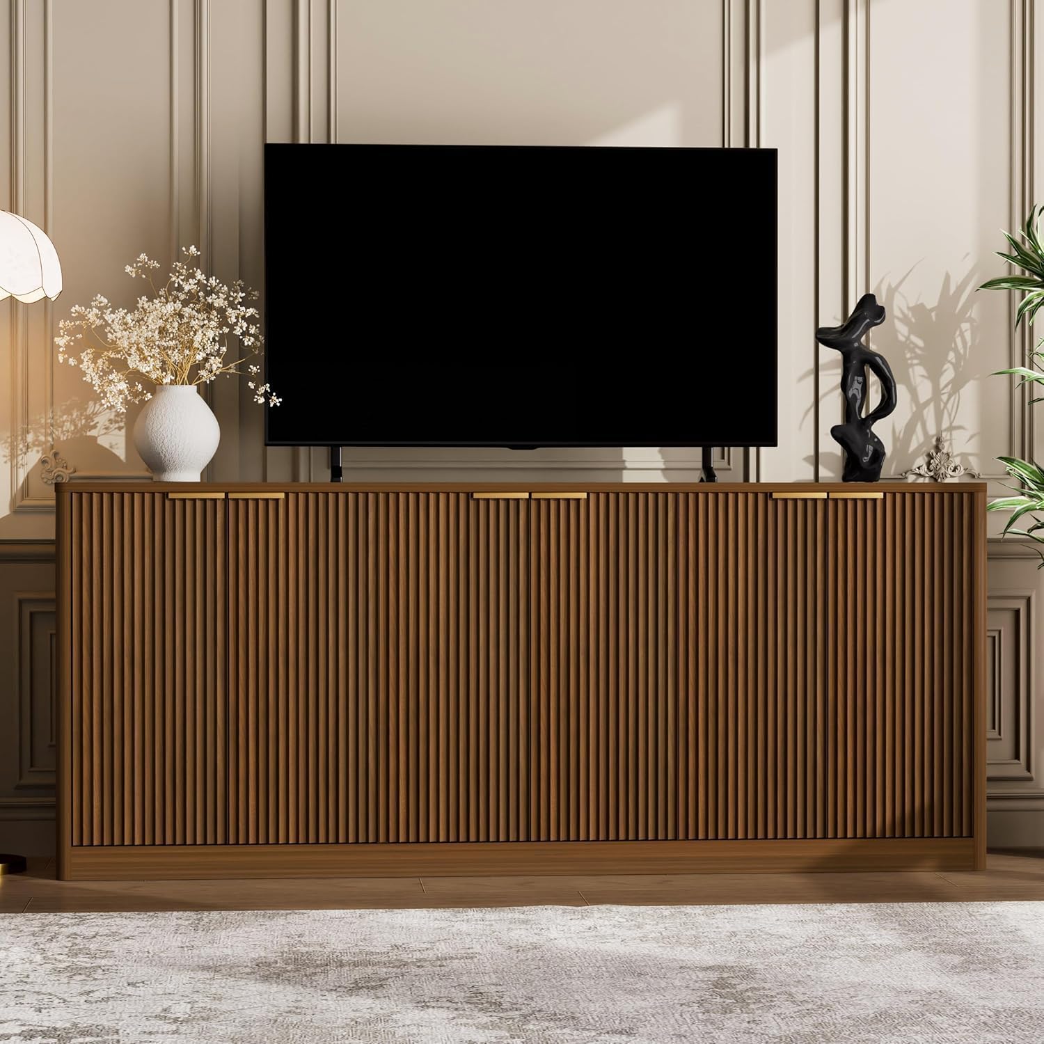 67" Fluted Buffet Sideboard Cabinet with Storages, Modern Accent Cabinet with 6 Doors,Large Storage Cabinet for Kitchen, Living Room,Entryway(Walnut)