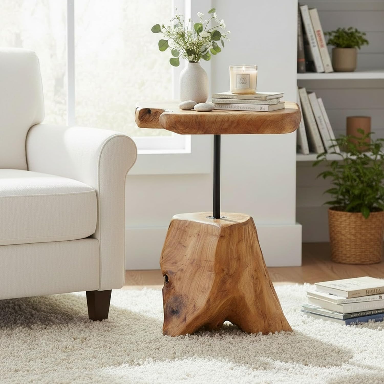WELLAND Natural Edge Cedar Stump Side Table with Tree Root Base - Unique Handmade Wood Accent Table 14 W x 19" H