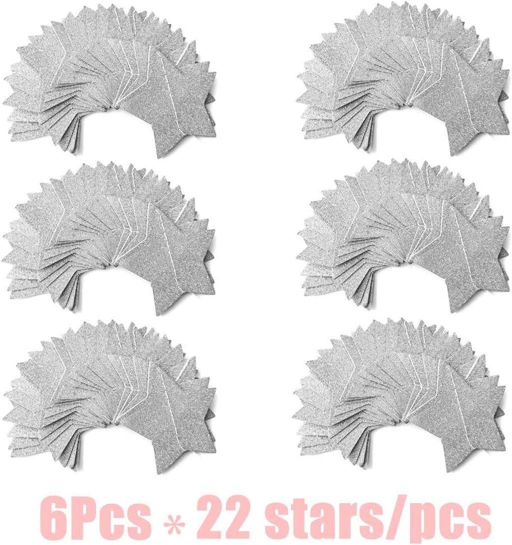 6 Pcs Glitter Silver Star Paper Garland Christmas Birthday Party Decorations Sparkling Bunting Banner Hanging Decorations for Bridal Shower Baby Shower Bachelorette Party Wedding Holiday (50 Feet)
