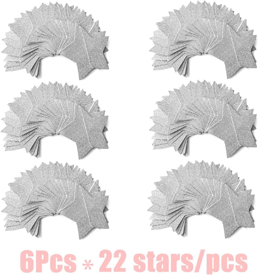 6 Pcs Glitter Silver Star Paper Garland Christmas Birthday Party Decorations Sparkling Bunting Banner Hanging Decorations for Bridal Shower Baby Shower Bachelorette Party Wedding Holiday (50 Feet)