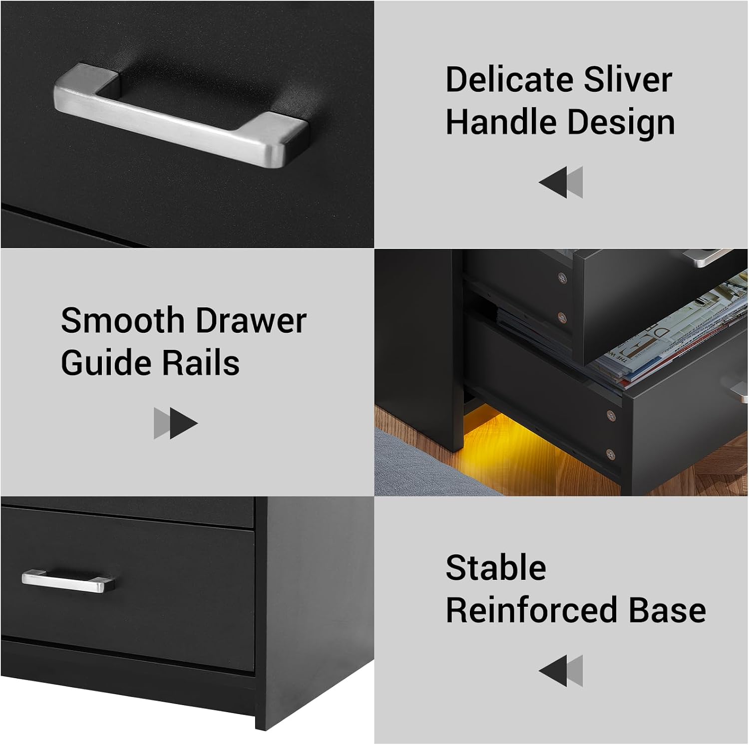 AOGLLATI LED Nightstands Set of 2 with Charging Stationand Glass Top | Black Night Stand with 2 Drawers, Bedside Table with Pull-Out Shelf, Modern End Side Tables with USB Ports Outlets