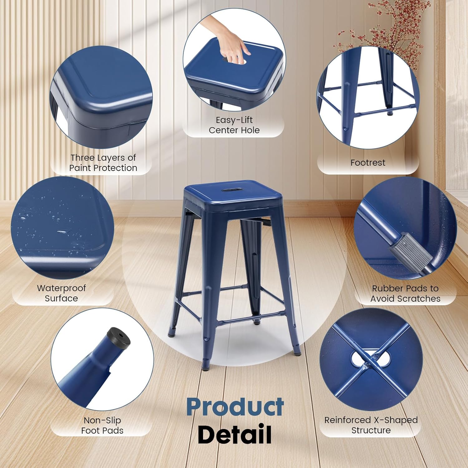DUMOS Metal Bar Stools Set of 4, 24in Stackable Counter Height Bar Stools, Backless Restaurant Chairs for Kitchen Island, Indoor Outdoor Use, Classic Trattoria Barstools for Dining Room, Blue