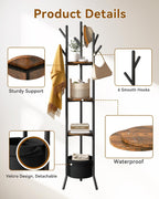 YMYNY Coat Rack, Freestanding Coat Stand with Storage Shelves, Hall Trees with 3 Wooden Shelves and 1 Fabric Basket, Metal Clothes Stand for Hats Bags Hallway Bedroom Rustic Brown UHGR005H