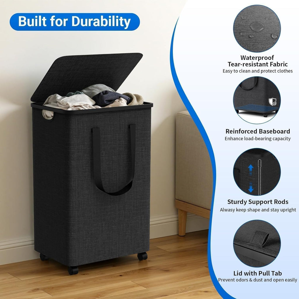 Laundry Basket with 5 Wheels, Tall Dirty Laundry Hamper, Rolling Laundry Basket with Lid, Collapsible Clothes Hamper for Bathroom Bedroom Dorm Laundry Room, Deep Gray, 75L