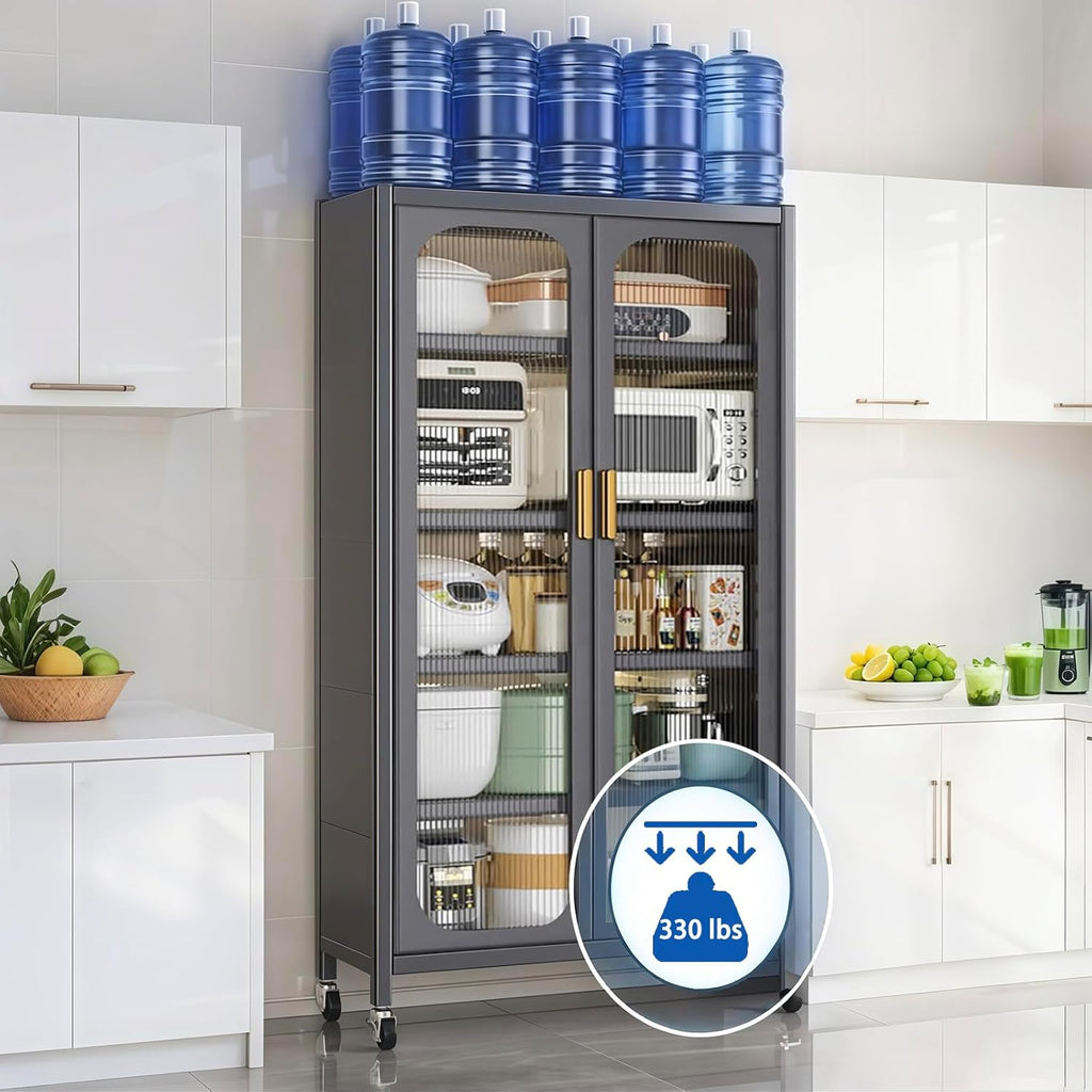 Ywin 65" Tall Kitchen Pantry Cabinet, Metal 6-Tier Storage Cabinet with Acrylic Glass Doors, Adjustable Shelves & Wheels, Utility Storage Cabinet for Living Room,Dining Room