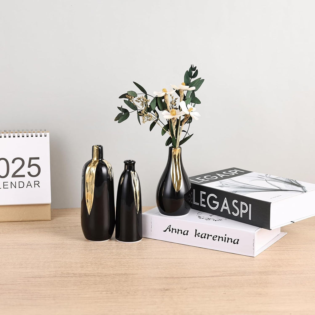 LCCCK Black and Gold Mini Ceramic Vase Set of 3, Small Ceramic Vase Set for Decorative, Bud Vases for Centerpieces Nightstand Kitchen, Boho Farmhouse Home Coffee Table Tray Decor