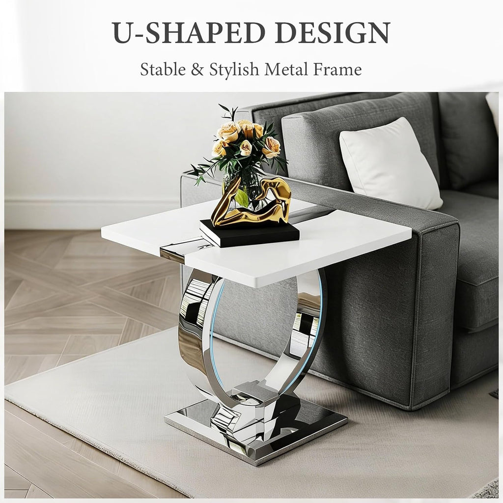 Asday 23.6" White and Silver End Table, Modern Side Table with Glossy Wooden Top and Stainless Steel U-Shaped Base, Accent Table for Living Room, Bedroom, Lounge