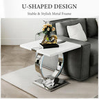 Asday 23.6" White and Silver End Table, Modern Side Table with Glossy Wooden Top and Stainless Steel U-Shaped Base, Accent Table for Living Room, Bedroom, Lounge