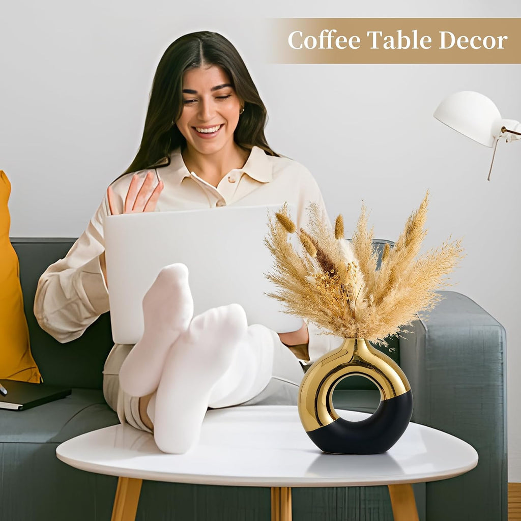 FJS Ceramic Donut Vase, 8" L x 8" H Black and Gold Round Vase for Pampas Grass, Nordic Modern Vases for Decor, Ceramic Vase Centerpieces for Wedding, Bedroom, Living Room, Coffee Table, Office
