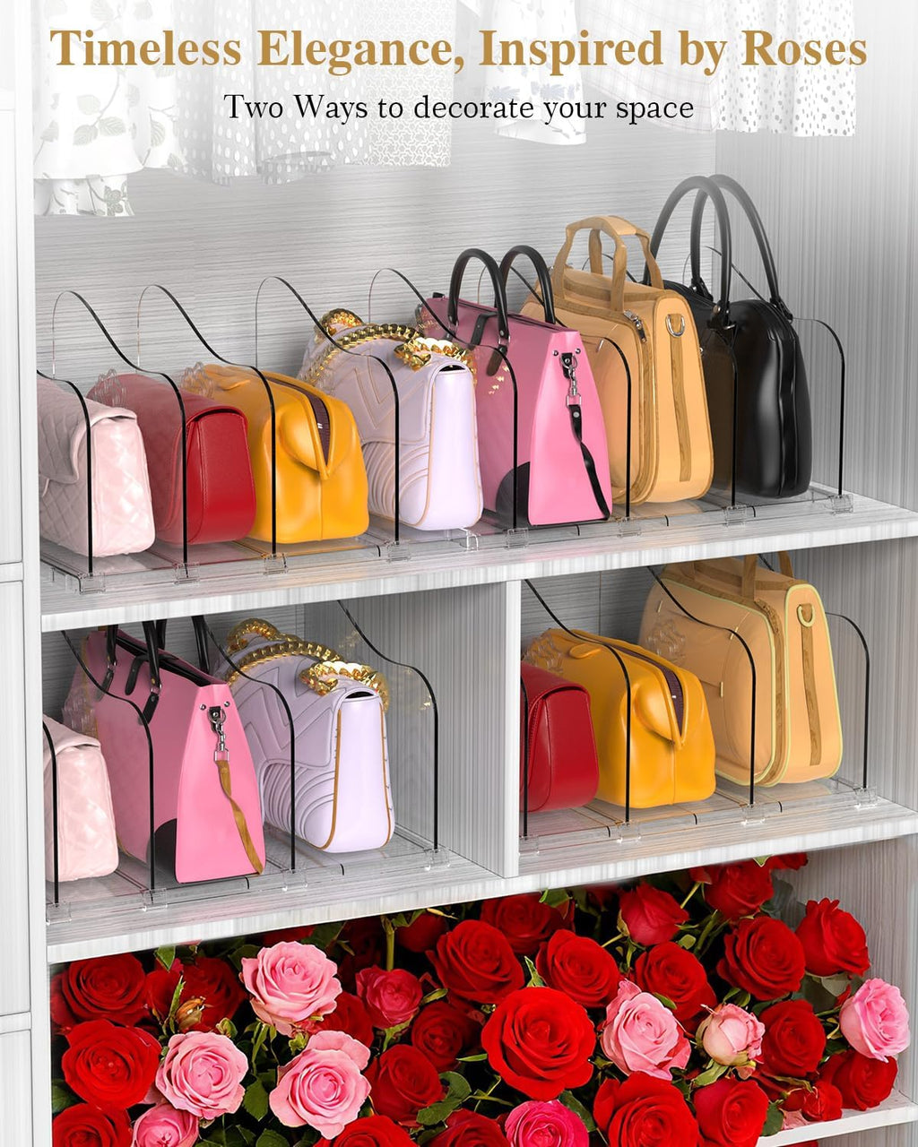 SURETIVIAN Rose Purse Dividers for Closet, 2 Pack Clear Clutch Purse Closet Organizers, Adjustable Handbag Storage Organizers, Plastic Bookshelf Separator Dividers for Bedroom Office