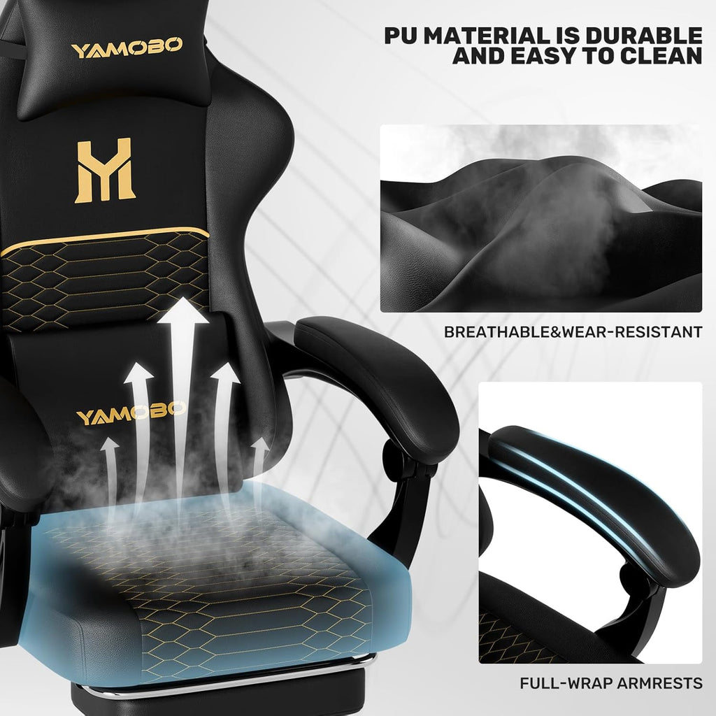 Gaming Chair with Footrest, Ergonomic Video Game Chair with Adjustable Lumbar and Headrest Massage Support,PU Leather High Back Recliner Comfortable for Office, Game and Study, Black