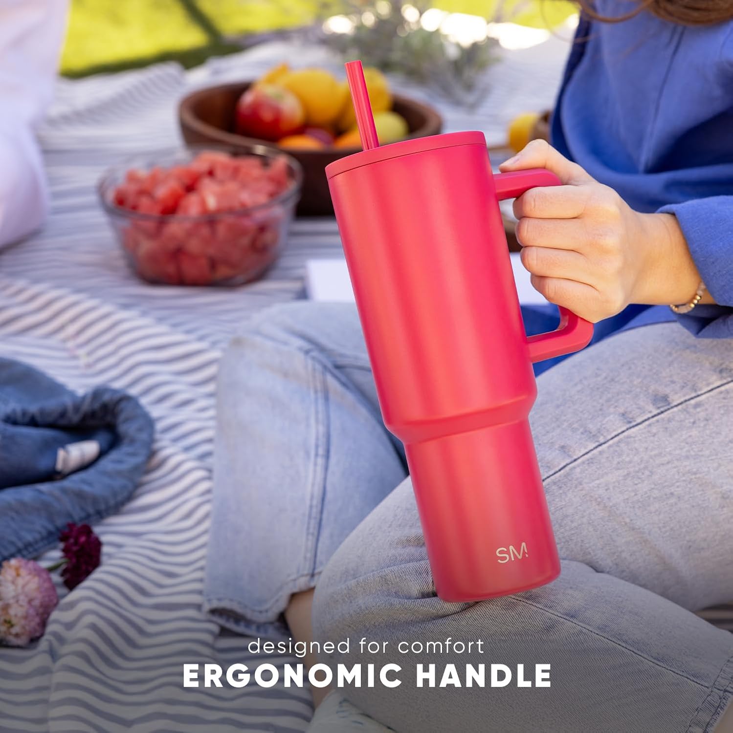 Simple Modern 40 oz Trek Tumbler with Handle and Straw Lid | Cup Holder Friendly Insulated Stainless Steel Travel Mug | Ember Red