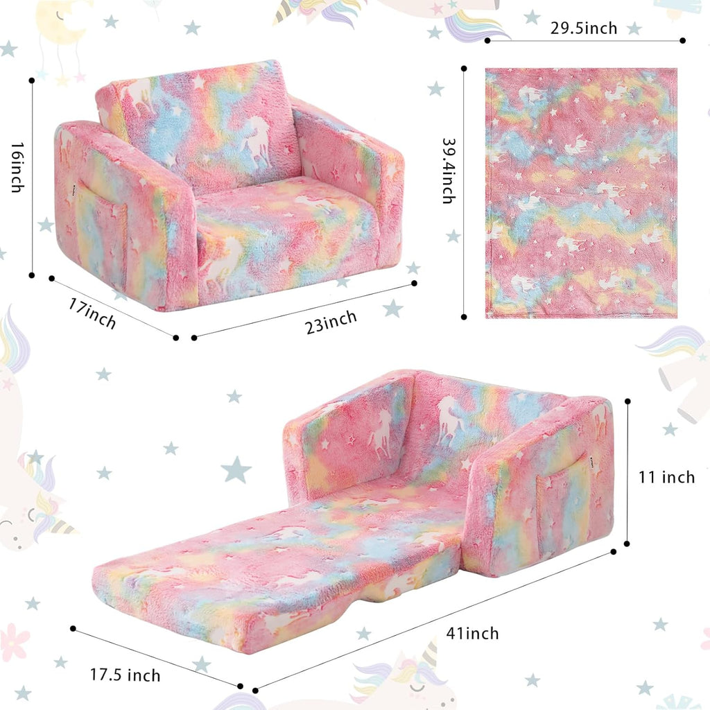 Toddler Couch Fold Out, Foldable Toddler Chair with Blanket, Flip Out Kids Couch,Glow in The Dark Convertible Sofa Gift for Girls & Boys (Glow Pink)