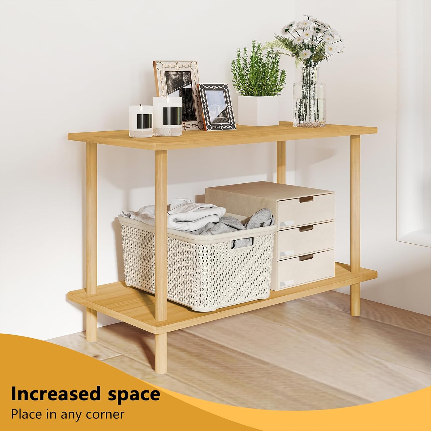 Funecy 2-Tier End Table, Sofa Side Table with Storage, Narrow Side Table, Bedside Table for Bedroom，for Living Room and Small Space (Natural)
