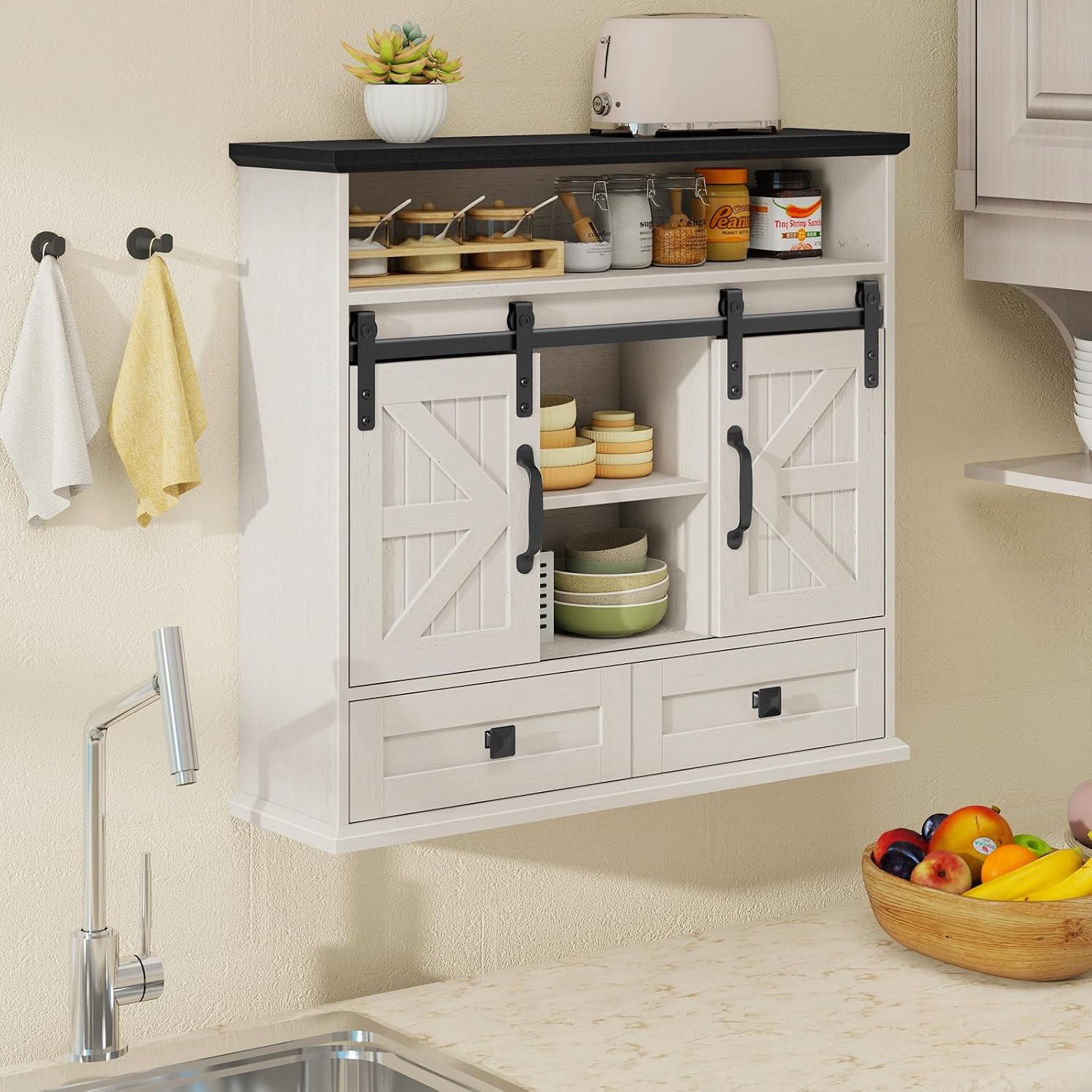 Vabches Bathroom Wall Cabinet, Farmhouse Medicine Cabinet with Double Sliding Barn Door and Storage Drawer, Wooden Vintage Storage Cabinet Wall Mounted for Bathroom, Kitchen, Rustic White and Black