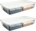 41 Quart Under Bed Storage Containers, Clear, White, 2 Pack | Rigid Plastic, Snap-On Lid, Stackable, Flat Organizer Boxes