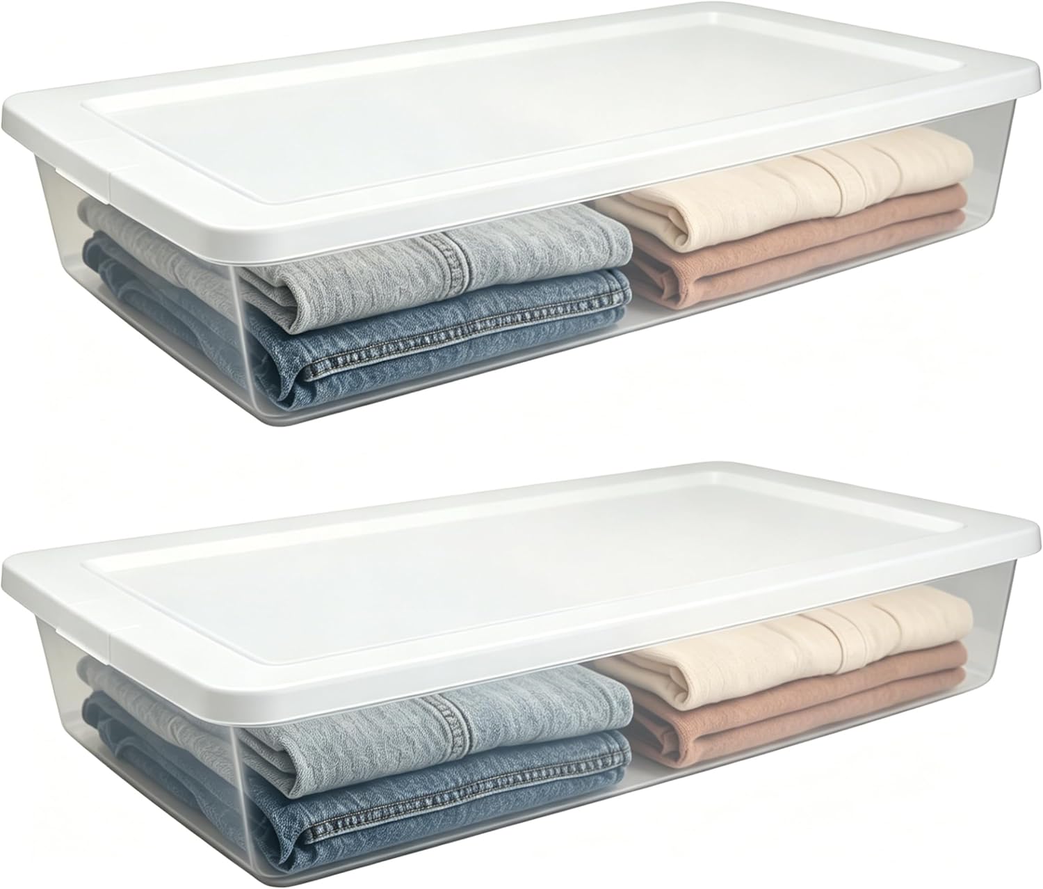 41 Quart Under Bed Storage Containers, Clear, White, 2 Pack | Rigid Plastic, Snap-On Lid, Stackable, Flat Organizer Boxes